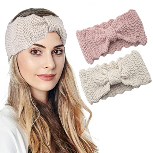 Fashband Winter Strickstirnbänder Schleife Knoten Haarband Ohrwärmer Turban Haarschmuck Einkaufen Skifahren Laufen für Frauen und Mädchen(2er Pack)(Rosa) von Fashband