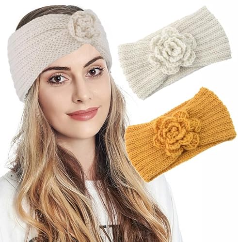 Fashband Winter gestrickt Stirnbänder elastische Blume Häkeln Haarband Ohrwärmer Turban Haarschmuck für Frauen und Mädchen (Packung mit 2) von Fashband