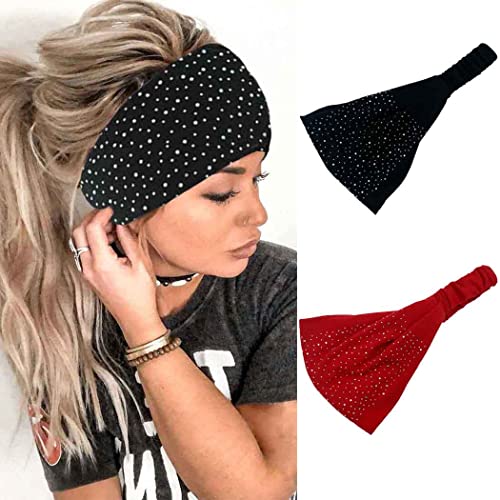 Fashband 2 Stück breite Stirnbänder mit schwarzen Kristallen, elastisch, Yoga-Haarbänder, rutschfest, Turban-Haarschmuck für Frauen und Mädchen von Fashband