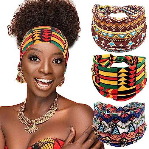 Fashband Afrikanische Stirnbänder, Boho-Stil, breites Stirnband, elastischer Druck, geknotet, Haar-Accessoires, Workout, Yoga, Headwrap für Damen und Mädchen (3 Stück) (C) von Fashband