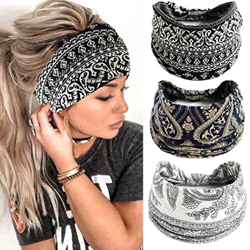 Fashband Boho Breite Stirnbänder Schwarze Blume Haarbänder Elastische Kopftuch Knoten Yoga Kopf Wraps für Frauen und Mädchen (3 Stück) von Fashband