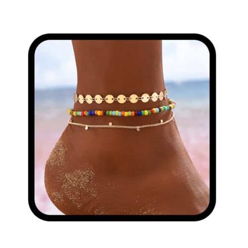 Fashband Boho-Fußkettchen, geschichtet, mit Pailletten, Perlen, Knöchelarmband, Strand, Sommer, Fußschmuck für Frauen von Fashband