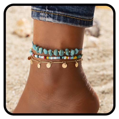 Fashband Boho-Fußkettchen, mehrlagig, türkisfarbenes Perlen-Knöchelarmband, Strand-Pailletten-Fußschmuck für Frauen von Fashband