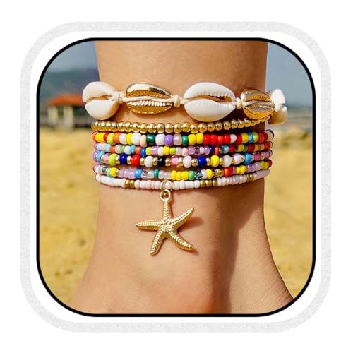 Fashband Boho-Fußkettchen mit Perlen, Seesternfarben, mehrlagig, für Strand, Sommer, Fußzubehör für Damen, Einheitsgröße, Kunststoff, Kein Edelstein Fashband Boho-Fußkettchen mit Perlen, Seesternfarben, mehrlagig, für Strand, Sommer, Fußzubehör für Damen, Einheitsgröße, Kunststoff, Kein Edelstein von Fashband
