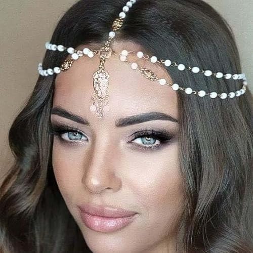 Fashband Boho Geschichtete Kopfkette Gold Perlen Kopfschmuck Vintage Kristall Festival Haarschmuck Braut Hochzeit Haarkette Schmuck für Frauen und Mädchen von Fashband