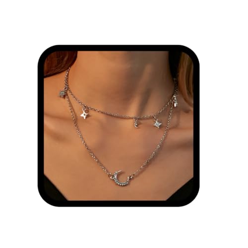 Fashband Boho Layered Moon Anhänger Halsketten Silber Stern Choker Halskette Kristall Halskette Schmuck für Frauen und Mädchen von Fashband