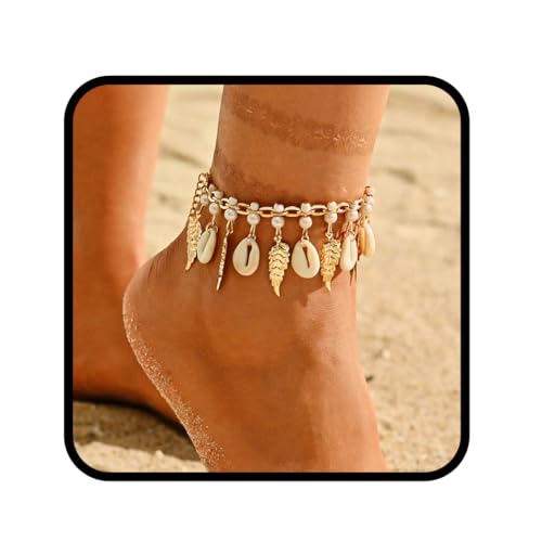 Fashband Boho Muschel-Fußkettchen, goldfarbene, geschichtete Perlen-Knöchelarmbänder, Strand- und Sommer-Fuß-Accessoires für Frauen von Fashband