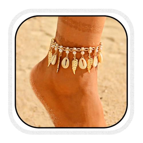 Fashband Boho Muschel-Fußkettchen, goldfarbene, geschichtete Perlen-Knöchelarmbänder, Strand- und Sommer-Fuß-Accessoires für Frauen von Fashband