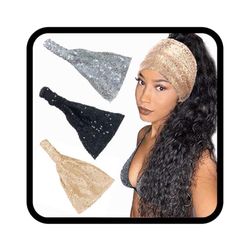 Fashband Boho-Pailletten-Stirnband, elastisch, glitzernd, Haarbänder, Meerjungfrauen-Kopftücher für Damen und Mädchen, 3 Stück, gold, Einheitsgröße von Fashband