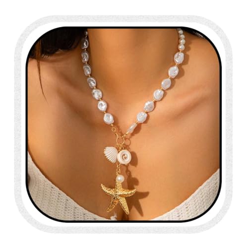 Fashband Boho Seestern Halskette Gold Perle Muschel Halsketten Anhänger Strand Accessoires für Frauen von Fashband