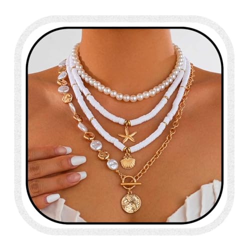Fashband Boho Seestern Halskette Perle Geschichtete Halsketten Strand Halskette Ketten Zubehör für Frauen, Einheitsgröße, Perlen, Kein Edelstein von Fashband