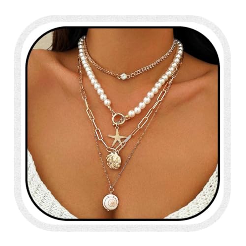Fashband Boho Seestern-Halskette mit mehreren Perlen, Muschel-Halsketten, Strand-Halsketten für Damen von Fashband