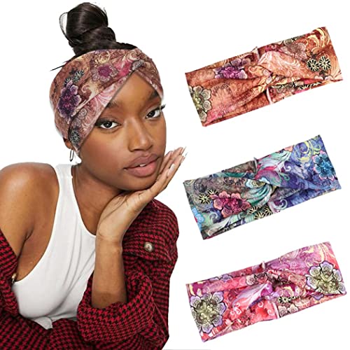 Fashband Boho-Stirnbänder, elastisch, mit rosafarbenen Blumen, Haarbänder, Batik-Kopftücher für Frauen und Mädchen (3 Stück) von Fashband