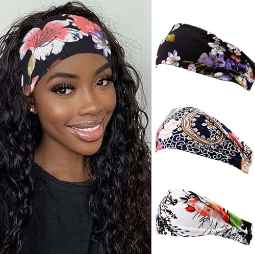 Fashband Breite Stirnbänder, elastische Blumen-Haarbänder, Vintage-Yoga, Haarschmuck für Frauen und Mädchen, 3 Stück von Fashband