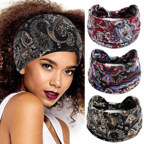 Fashband Breite Stirnbänder Elastische Blume Haarbänder Knoten Yoga Headwrap Vintage Haarschmuck für Frauen und Mädchen (3 Stück) von Fashband