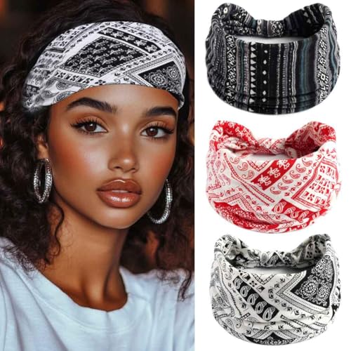 Fashband Boho breite Stirnbänder Elastische Yoga-Kopfwickel Rote Streifen Kopftücher Knoten Haarschmuck für Frauen und Mädchen (3 Stück) von Fashband