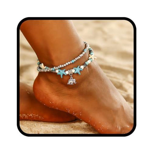 Fashband Boho mehrlagiges Elefanten-Fußkettchen mit türkisfarbenen Perlen Strand Fußkettchen Seestern Fußschmuck für Frauen und Mädchen von Fashband