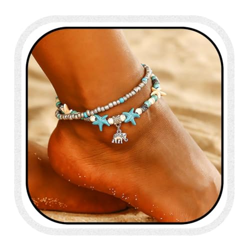 Fashband Boho-Fußkettchen, mehrlagig, Elefant, Türkis, Perlen, Strand-Fuß-Armband, Seestern, Fußschmuck für Damen und Mädchen (Silber) von Fashband