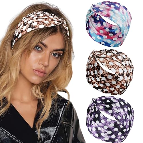 Fashband Bunte Boho-Stirnbänder, elastisch, für Damen, mit weißen Punkten, Haarbänder, Überkreuz-Schal, Yoga-Haarschmuck für Frauen und Mädchen (3 Stück) von Fashband