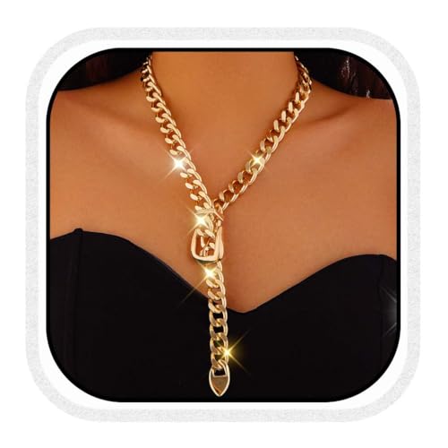 Fashband Gold Gürtelschnalle Choker Halskette Punk Cuban Chunky Choker Halsketten Dicke Kette Lange Halskette für Frauen, Einheitsgröße, Perlen, Kein Edelstein von Fashband