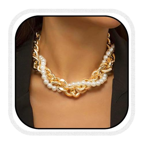 Fashband Goldfarbene Perlen-Choker-Halskette, goldfarben, kubanisch, klobig, Modeschmuck für Damen, Einheitsgröße, Perle, Kein Edelstein von Fashband