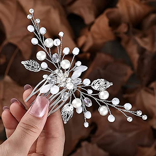Fashband Haarkamm mit Blume, Silber, Kristall, Perlen, Blätter, Haar-Accessoires, Brautschmuck für Frauen und Mädchen von Fashband