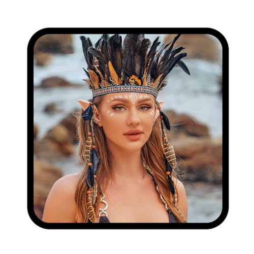 Fashband Indische Feder Krone Stirnband Boho Quaste Kronen Kopfschmuck Tribal Stirnbänder Festival Party Headwear Haarschmuck für Frauen und Mädchen (schwarz) von Fashband