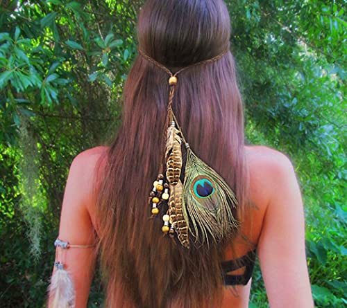 Fashband Feder-Stirnband, Boho-Hippie-Kopfschmuck, Tribal-Kopfschmuck im Stil der amerikanischen Ureinwohner, Pfauenfeder-Haar-Accessoire für Damen und Mädchen von Fashband