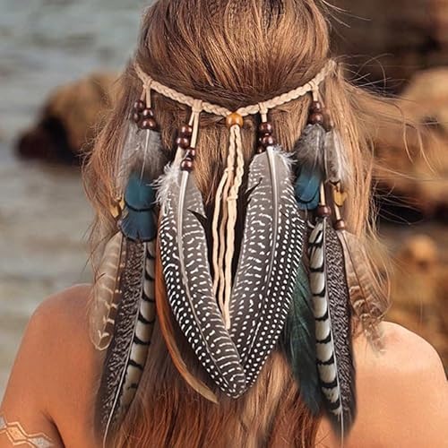 Fashband Indisches Feder-Stirnband, Boho-Quaste, Hippie-Kopfschmuck, Vintage-Tribal-Kopfschmuck, indische Party-Kopfbedeckung, Haarschmuck für Frauen (gelb) von Fashband