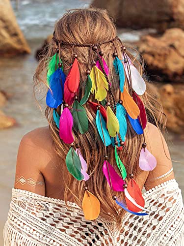 Fashband Indisches Feder Stirnband Boho Regenbogen Quaste Hippie Kopfschmuck Tribal Kopfschmuck Perlen Festival Party Kopfbedeckung Haarschmuck für Frauen und Mädchen (A) von Fashband