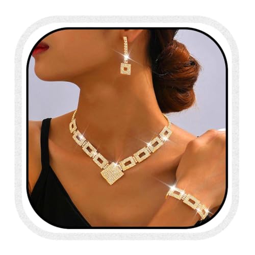 Fashband Kristall-Braut-Hochzeitsschmuck-Set, silberne Strasssteine, Halskette und Ohrringe, formeller Modeschmuck für Frauen und Bräute (G-3, Einheitsgröße) von Fashband