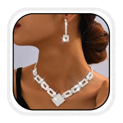 Fashband Kristall-Braut-Hochzeitsschmuck-Set, silberne Strasssteine, Halskette und Ohrringe, formeller Modeschmuck für Frauen und Bräute (S-2, Einheitsgröße) von Fashband