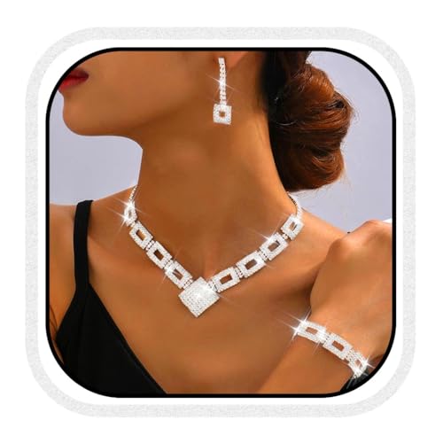 Fashband Kristall-Braut-Hochzeitsschmuck-Set, silberne Strasssteine, Halskette und Ohrringe, formeller Modeschmuck für Frauen und Bräute (S-3, Einheitsgröße) von Fashband