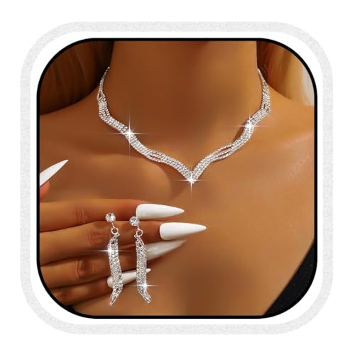 Fashband Kristall-Brautschmuck-Set, silberfarbene Strasssteine, Halskette, Ohrringe, Kostüm, Braut, Party-Schmuck für Frauen, Einheitsgröße, Kunstperle, Kein edelstein Fashband Kristall-Brautschmuck-Set, silberfarbene Strasssteine, Halskette, Ohrringe, Kostüm, Braut, Party-Schmuck für Frauen, Einheitsgröße, Kunstperle, Kein edelstein von Fashband