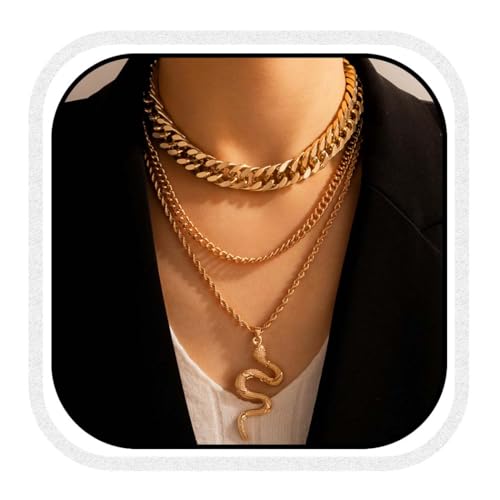 Fashband mehrschichtige Halsketten, goldene Halskette mit Schlangen-Anhänger, kubanische klobige Ketten für Damen von Fashband