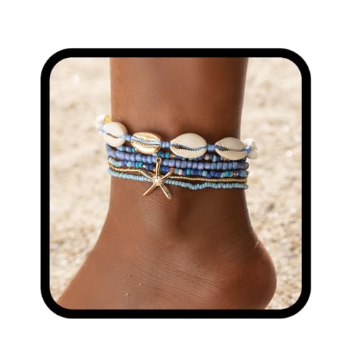 Fashband Muschel-Fußkettchen-Set, Boho-Seestern-Fußkettchen-Armbänder, verstellbarer Strand, geschichteter Fußschmuck, Zubehör für Frauen von Fashband