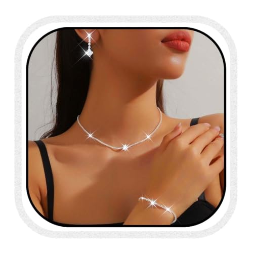 Fashband Strass Brautschmuck Set Silber Hochzeit Halskette Braut Accessoires für Frauen (S, Einheitsgröße) von Fashband
