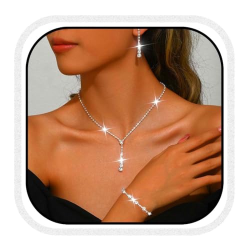Fashband Strass Brautschmuck Set Silber Hochzeit Halskette Braut Accessoires für Frauen (S, Einheitsgröße) von Fashband