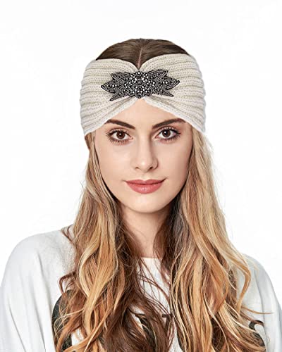 Fashband Winter Stricken Stirnbänder Twist Rhinestones Stirnband Elastische Ohrwärmer Dicke Kopfbedeckungen für Frauen und Mädchen(Beige) von Fashband