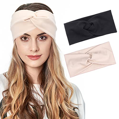 Fashband Winter Stirnbänder gestrickt Twist Cross Haarband elastische Ohrwärmer Kopfbedeckungen für Frauen Mädchen(Packung mit 2)(Schwarz) von Fashband