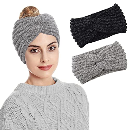 Fashband Strick-Stirnband für Winter, dicke Chenille-Ohrenwärmer, elastisch, gedreht, gehäkelt, Kopfwickel für Damen und Mädchen, Grau (2 Stück) von Fashband