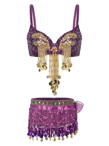 Damen Perlen Pailletten Quaste Bauchtanz Tops Rock Set BH Top Bikini Kostüm Karneval Musik Festivals (Lila, Einheitsgröße) von Fasheepfa
