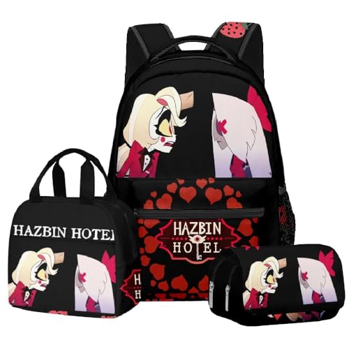 Fasheepfa Hazbin Hotel Anime 3-teiliges bedrucktes Rucksack-Set, Cartoon-Figuren für Studenten, Jungen, Mädchen, Schultasche, Laptop-Rucksack, Schultertasche mit Federmäppchen, Typ 14, 30*43*46cm von Fasheepfa