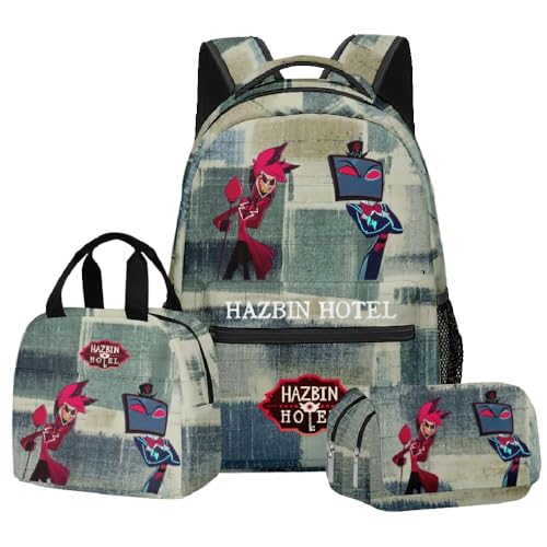 Fasheepfa Hazbin Hotel Anime 3-teiliges bedrucktes Rucksack-Set, Cartoon-Figuren für Studenten, Jungen, Mädchen, Schultasche, Laptop-Rucksack, Schultertasche mit Federmäppchen, Typ 7, 30*43*46cm von Fasheepfa