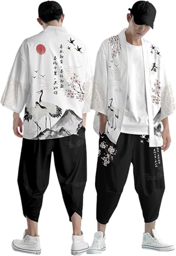 Fasheepfa Kimono Set Herren Japanischer Mehrfarbiger Druck Lose Strickjacke Sommer 3/4 Ärmel Kimono Kurzarm Funky Bunte Nationaldruck Japanische Bademäntel Baggy, hellgrau, 5X-Large von Fasheepfa