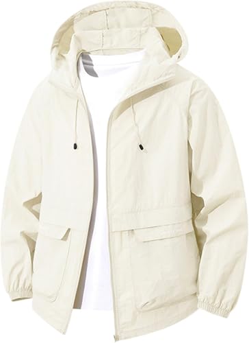 Fasheepfa Sonnenschutz Anti-UV Kapuzenjacke Herren Dünne Leichte Sommerjacke Outdoor Atmungsaktiv Übergangsjacke mit Reißverschluss Outdoor Wandern Sportlich Atmungsaktiv Kapuzen-Softshelljacke, weiß von Fasheepfa