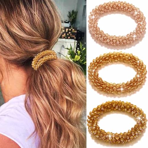 Fashey Haargummis mit Strasssteinen, Champagner, elastisch, Pferdeschwanz-Halter, Perlen-Set, Haarbänder, glitzernd, Kristall-Haargummis, 3 Stück, dehnbare Haar-Accessoires für Frauen Fashey Haargummis mit Strasssteinen, Champagner, elastisch, Pferdeschwanz-Halter, Perlen-Set, Haarbänder, glitzernd, Kristall-Haargummis, 3 Stück, dehnbare Haar-Accessoires für Frauen von Fashey