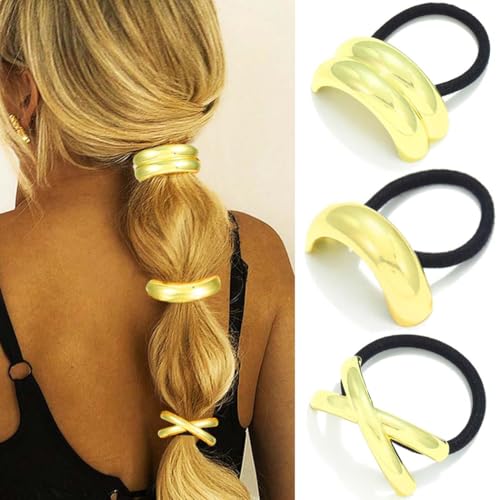 Fashey Metall-Haargummis, goldfarben, Pferdeschwanz-Haarmanschetten, geometrisch, elastisch, Pferdeschwanz-Halter, Haarschmuck für Frauen (Gold) von Fashey