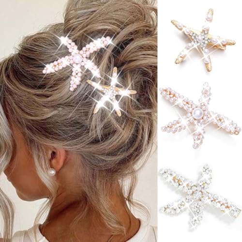 Fashey Seestern-Haarspangen, Meerjungfrau-Haarspange, 3 Stück, Perlenclips, Strass, Haarschmuck für Damen (Gold) von Fashey