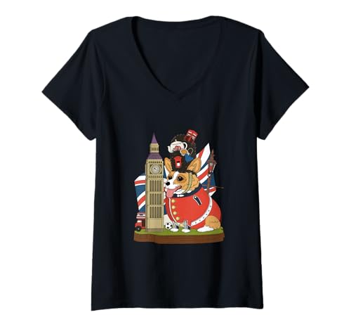 Damen Britischer Corgi Hund in Königsgarde Kostüm London England T-Shirt mit V-Ausschnitt von Fashion Book
